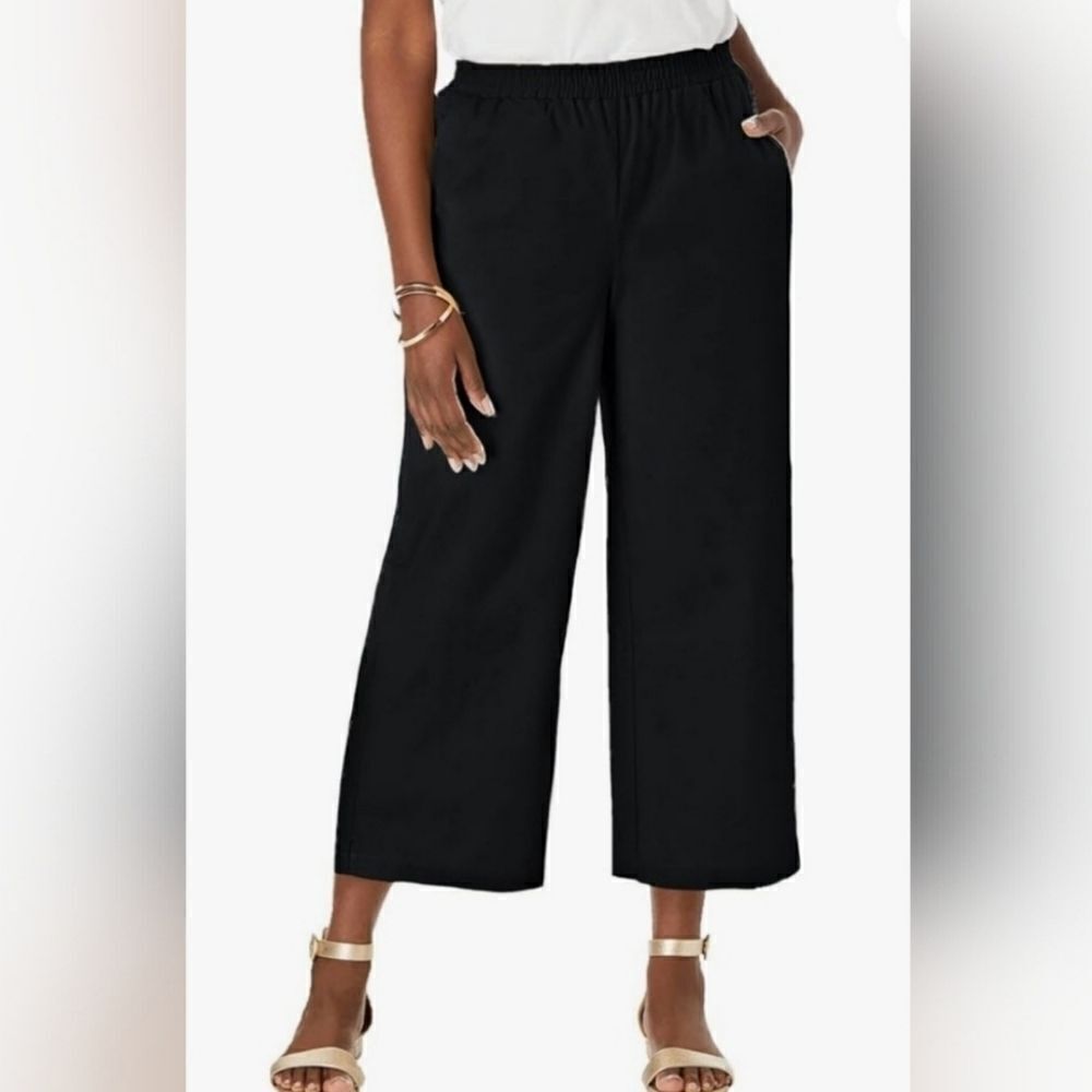 Jessica London Women's Black Wide Leg Linen Crop Pants Elastic Waist, Size 16